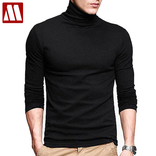 2021 New Men Fashion T Shirt Tees Slim Tops Male Stretch T-shirt Turtleneck Long Sleeve Tee Shirts High Collar Men's Cotton Tees