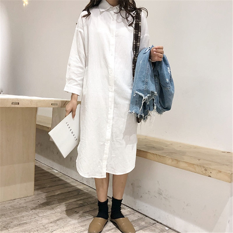 VogorSean Cotton Women Blouse Shirt 2020 Summer New Linen Cottons Casual Plus size Womans Long Section Shirts White/Blue