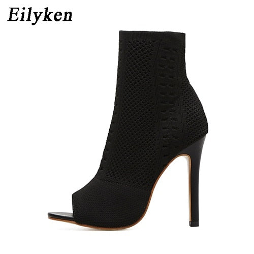 Eilyken Womens Boots Green Elastic Knit Sock Boots Ladies Open Toe High Heels Fashion Ankle Boots Women Pumps Size 35-42