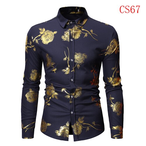 Mens Gold Rose Floral Print Shirts 2019 Brand Floral Steampunk Chemise White Long Sleeve Wedding Party Bronzing Camisa Masculina