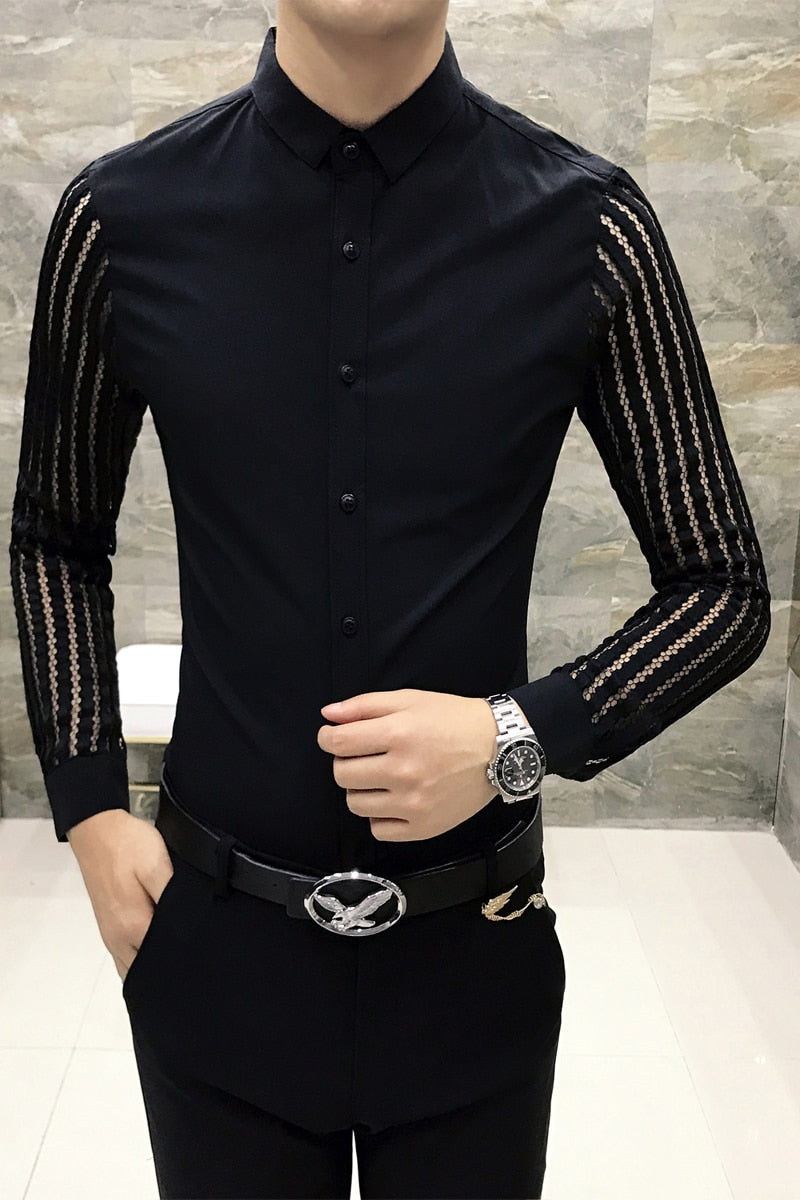 2021 New Mens Black White Lace Hollow Patchwork Shirt Long Sleeve Luxury Party Promshirt Men's Petticoat Nightclub Dress Tuxedo