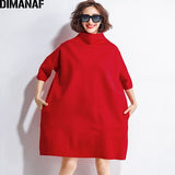 DIMANAF Autumn Dresses Women Turtleneck Cotton Knitting Femme Clothes Elegant Solid Vestidos Oversize Fashion Ladies Dress 2021