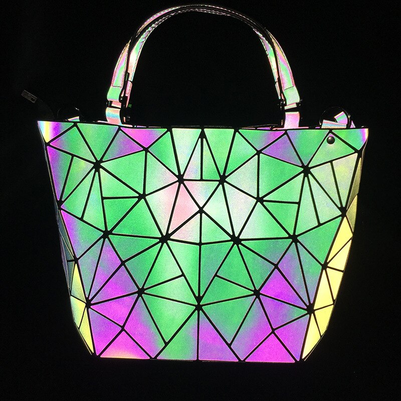 Luminous Bag Women's Geometry Lattic Totes  Quilted Shoulder Bags Hologram Laser Plain Folding Handbags  Free Shipping