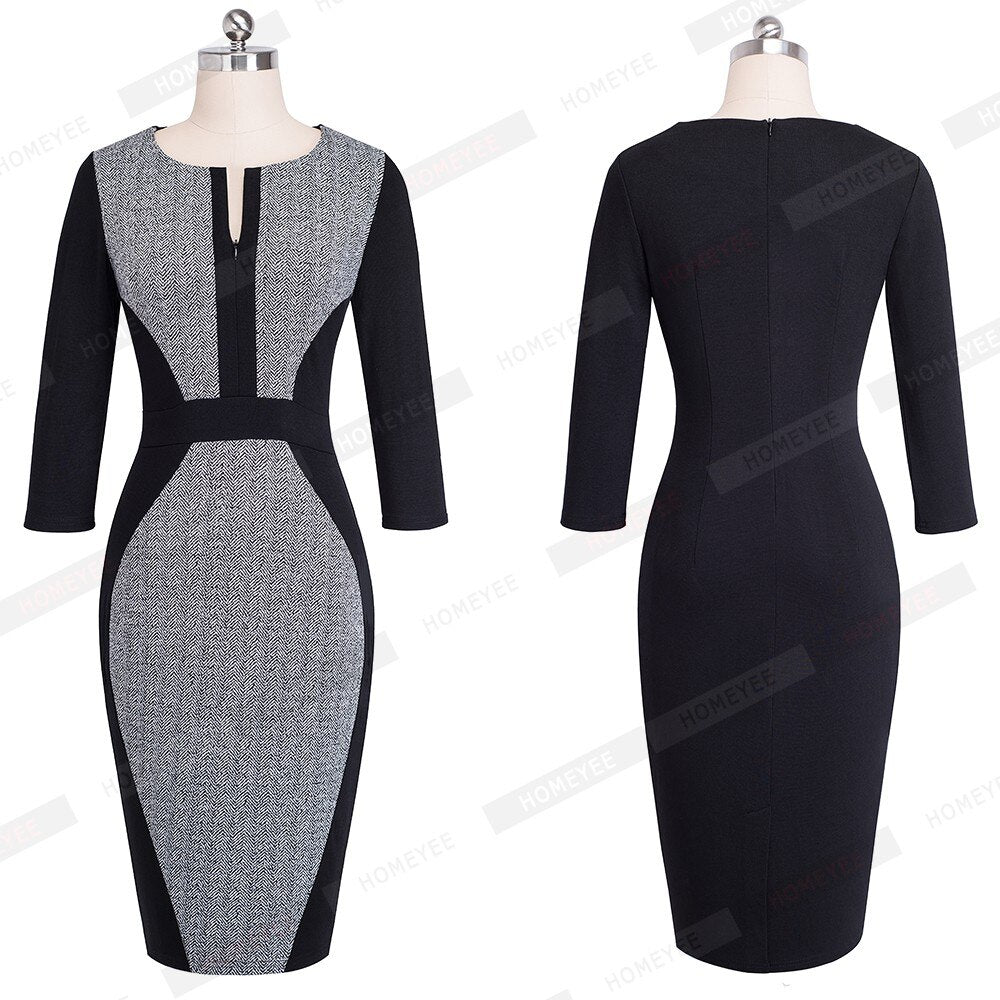 Women Casual Patchwork Front Zipper Three Quarter Vintage Autumn Work Business Bodycon Sheath Office Lady Dress