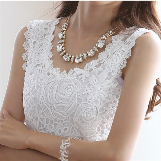 CHSDCSI Elegant Women Lace blouse Shirts Sleeveless White Tops Female clothing Ladies Blusas Casual Blouse Black Plus Size Shirt