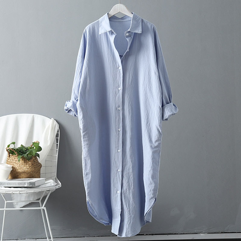 VogorSean Cotton Women Blouse Shirt 2020 Summer New Linen Cottons Casual Plus size Womans Long Section Shirts White/Blue