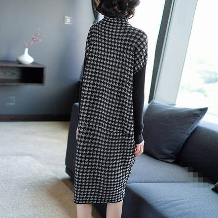 Plus Size Women Black Houndstooth Knitting Stretch Sweater Dress Winter Female Dresses Vestido Clothing Robes