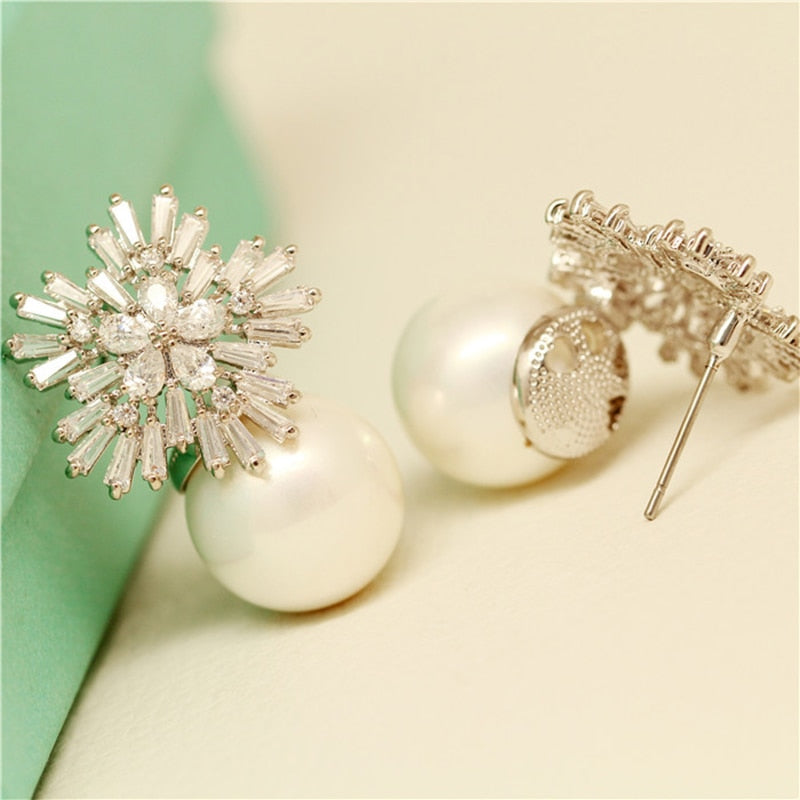 Pearl Earrings Woman Fashion Snowflake Crystal Earrings Charm Rhinestone Inlaid Jewelry Cute Earrings Couple Gifts Best Choice