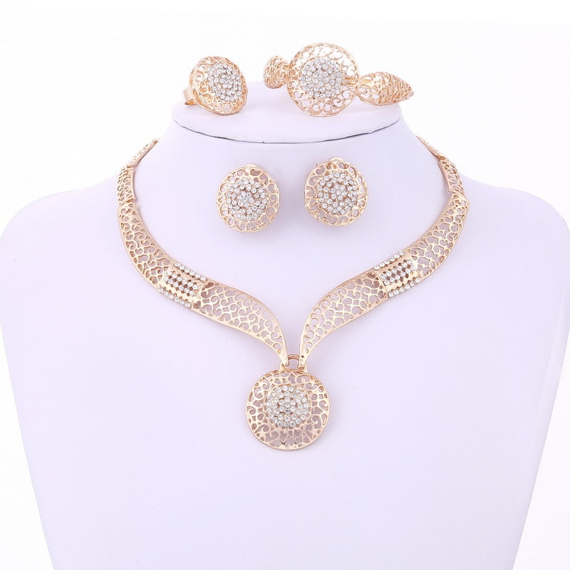 MINHIN Women Delicate Gold Bridal Jewelry Sets Rhinestone Pendant Collar Bracelet Crystal Earrings Rings Wedding Accessories