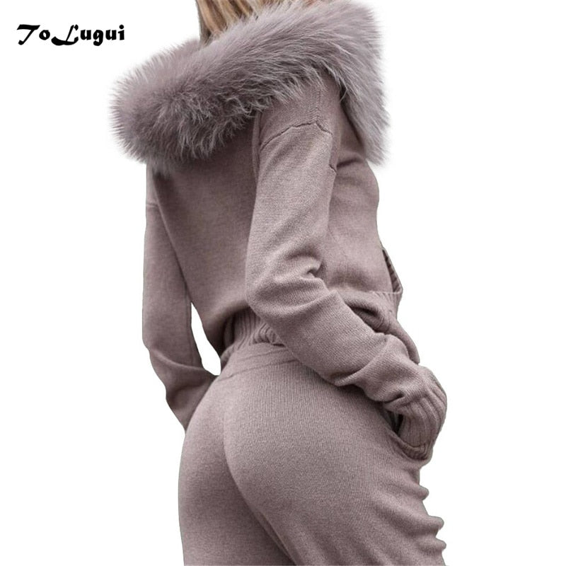 Faux fur collar hooded knit suit 2019 New women Autumn winter Long sleeves Knitted tracksuit casual pant set 2 piece set