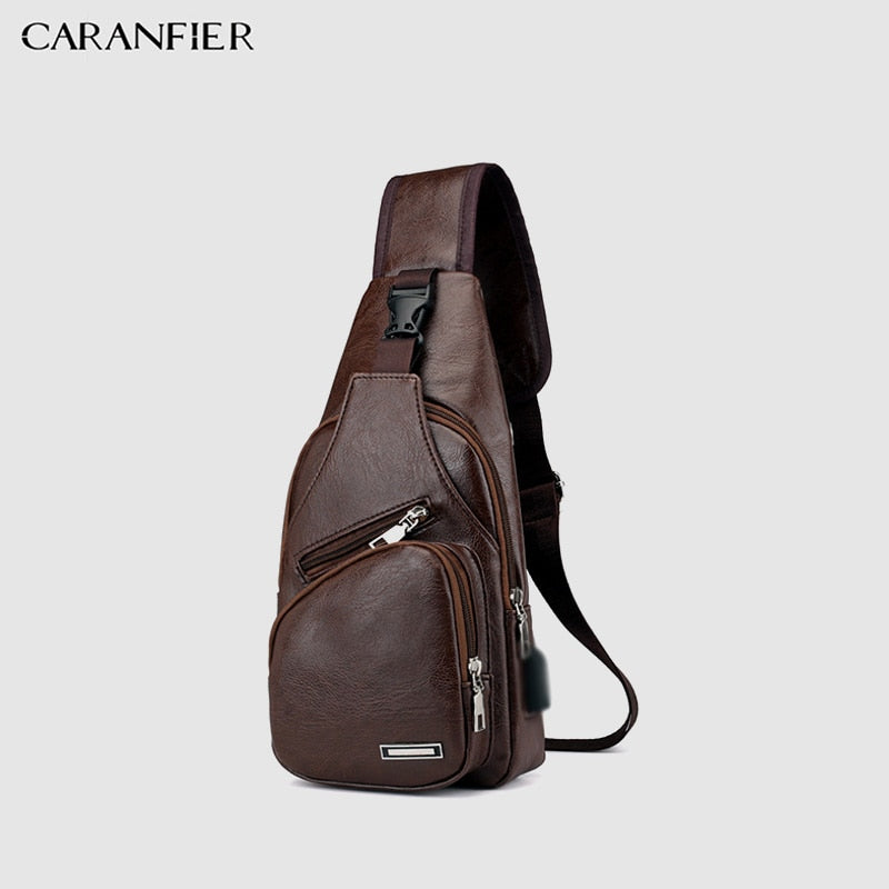 CARANFIER Mens Chest Bags Shoulder Messenger Bags PU Leather Casual Zipper Soft Male Classic Solid Color Travel Crossbody Bag