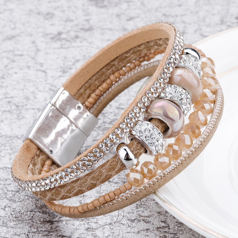 ALLYES Ceramic Beads Charm Leather Bracelets For Women Retro Boho Style Crystal Wide Multilayer Bracelet Female Jewelry