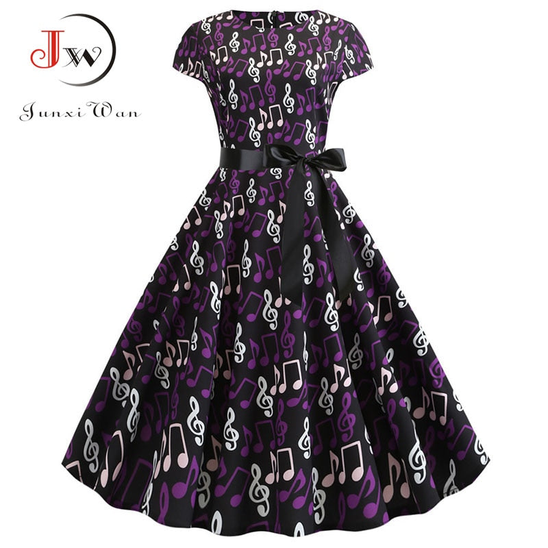 Women Summer Music Note Print Dress 50s 60s Robe Retro Swing Casual Vintage Sleeveless Party Dresses Vestidos Plus Size