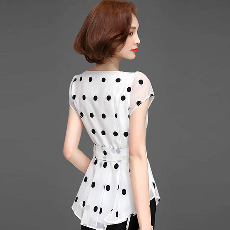 Women Casual Summer Style Chiffon Blouses Shirts Lady Short Sleeve O-Neck Polka Dot Printed Blusas Tops DF2824