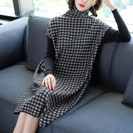 Plus Size Women Black Houndstooth Knitting Stretch Sweater Dress Winter Female Dresses Vestido Clothing Robes