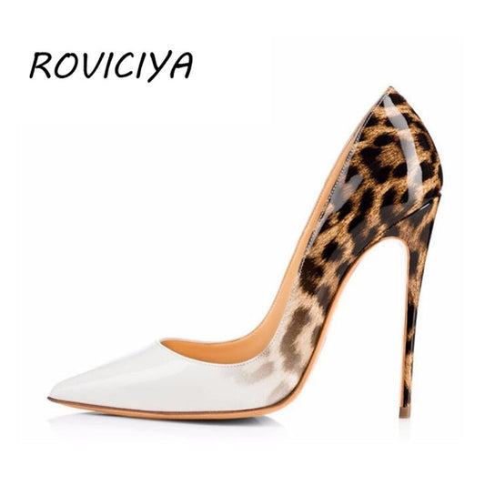 Brand Women Pumps Leopard White Shoes Woman High Heels Stiletto Evening Shoes Patent Leather Sexy Designer Heels QP033 ROVICIYA