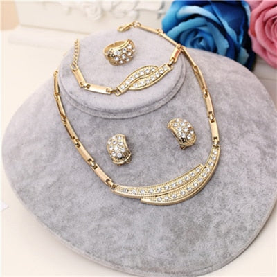 Amazing Price Wedding Gold Plate Jewelry Sets For Women Pendant Statement African Beads Crystal Necklace Earrings Bracelet Rings