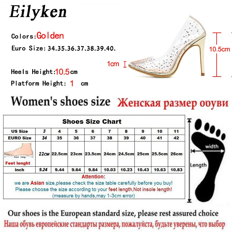 Eilyken Fashion Rhinestones PVC Transparent Pumps Stilettos High Heels Point Toes Womens Party Golden Wedding High heels shoes