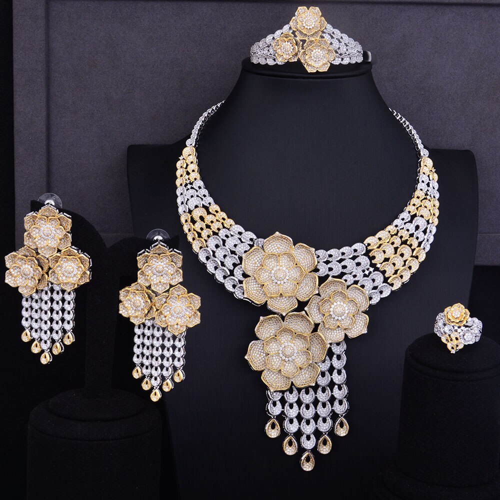 Tassel Drop Rose Flower Boom Full Micro Cubic Zirconia Women Wedding Dress Necklace Earring Jewelry Set