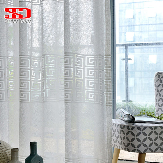 White Geometric Window Tulle Curtains for Living Room Modern Voile Sheer Curtains for Bedroom Blinds Liner Kitchen Single Panel