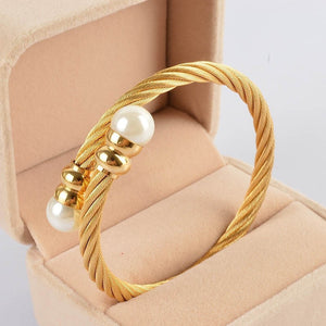 New Women Cable Bangles Gold 316l Stainless Steel Bracelet Fashion Pearl Jewelry