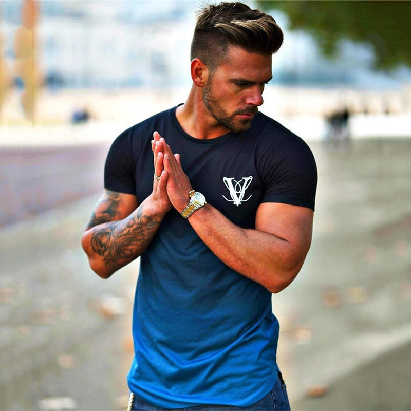 Gradient color Fashion T Shirt Men Fast compression Breathable Mens Short Sleeve Fitness Mens t-shirt Gyms Tee Tight Casual Top