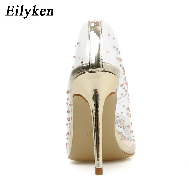 Eilyken Fashion Rhinestones PVC Transparent Pumps Stilettos High Heels Point Toes Womens Party Golden Wedding High heels shoes