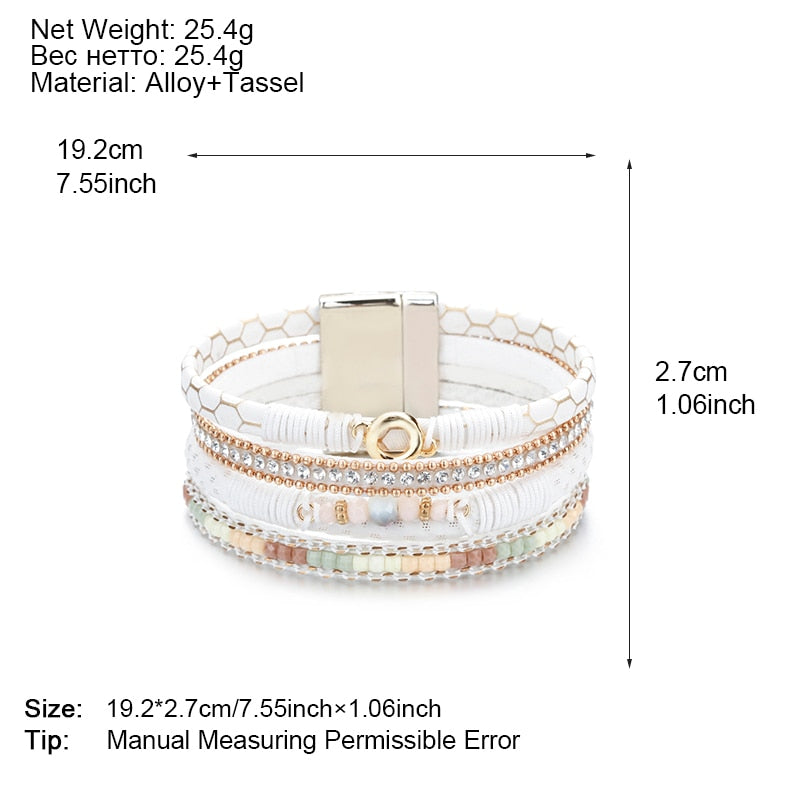 ALLYES White Leather Bracelets for Women Jewelry Trendy Round Metal Charm Rhinestone Crystal Wide Multilayer Bracelet Female