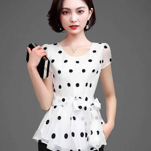 Women Casual Summer Style Chiffon Blouses Shirts Lady Short Sleeve O-Neck Polka Dot Printed Blusas Tops DF2824