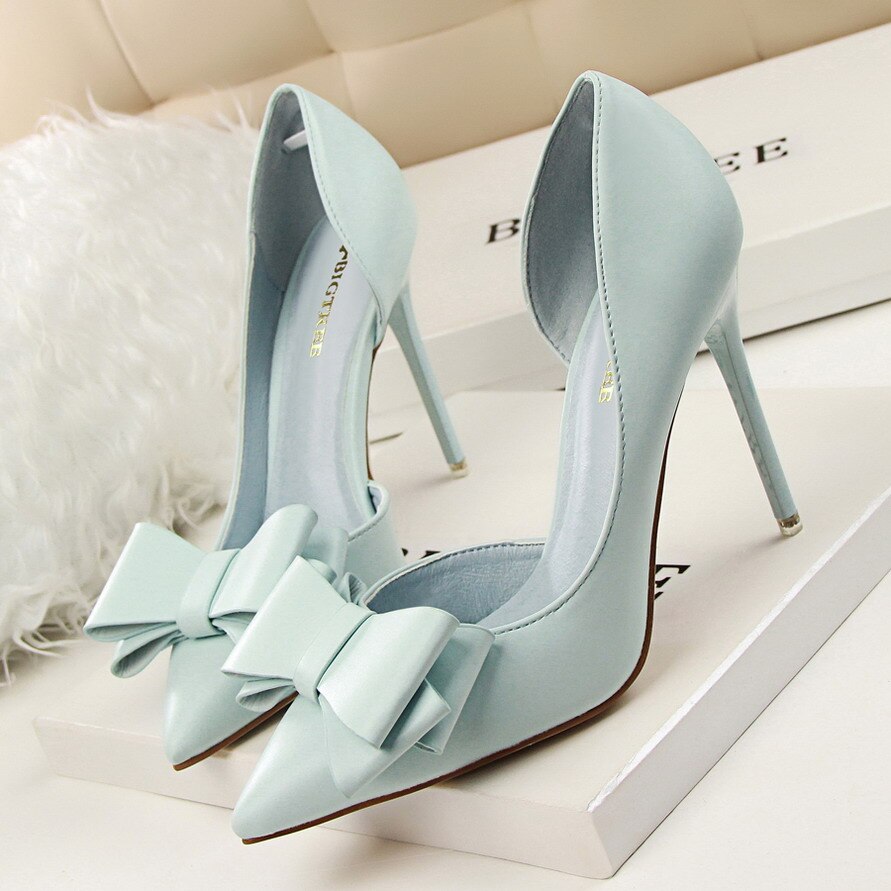 High Quality Women Pumps Sexy High Heels Wedding Shoes Pointed Toe Stiletto Bow Shoes Female 2018 Fashion Women Heel Shoes Pink