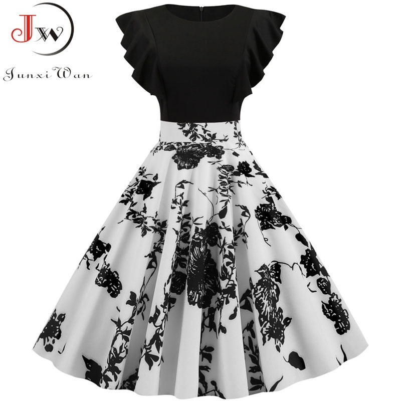 Black White Patchwork Floral Print Summer Dress Women 2021 Petal Sleeve Dot Vintage Dress Robe Casual Rockabilly Party Vestidos