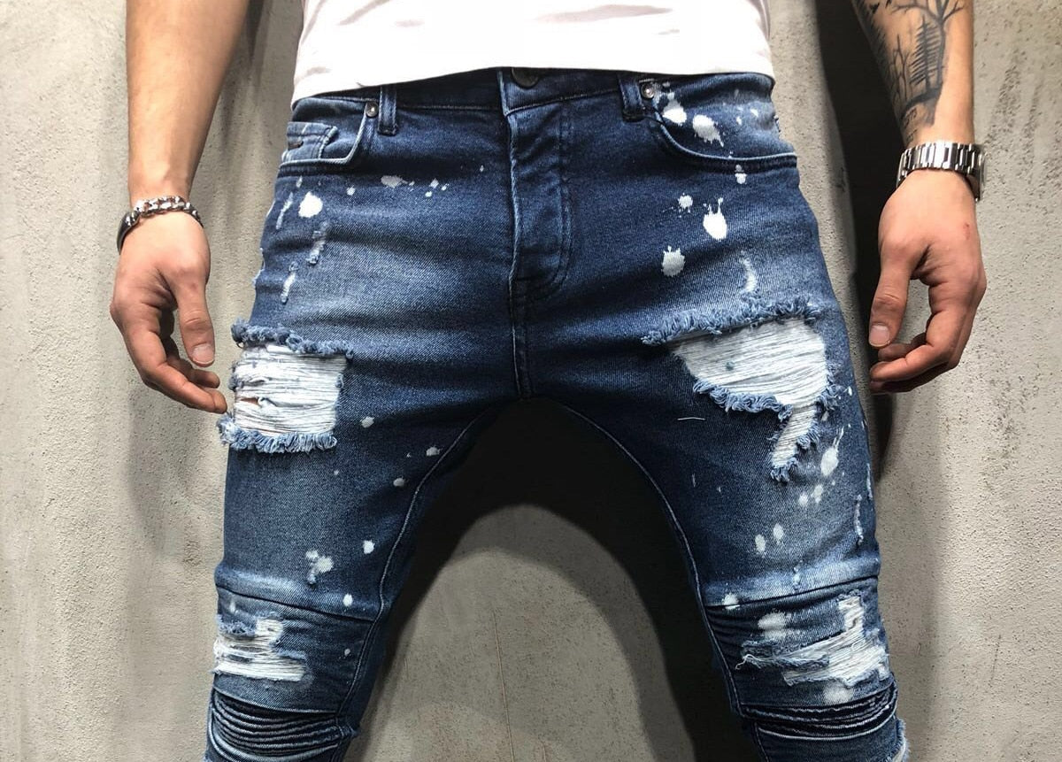 Men's Painted Skinny Slim Fit Straight Ripped Distressed Pleated Knee Patch Denim Pants Stretch Jeans