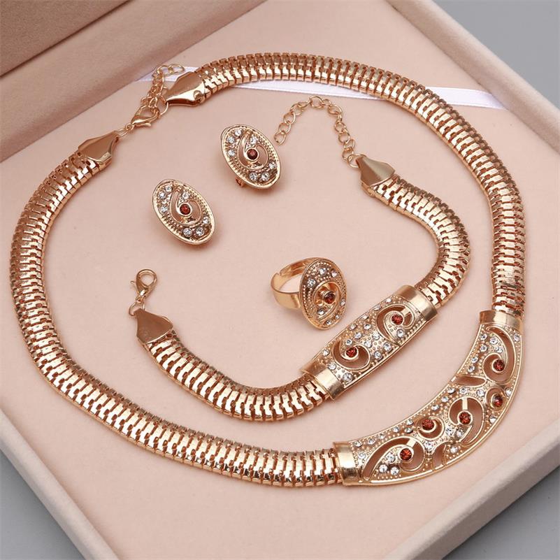 MINHIN Women Delicate Gold Bridal Jewelry Sets Rhinestone Pendant Collar Bracelet Crystal Earrings Rings Wedding Accessories