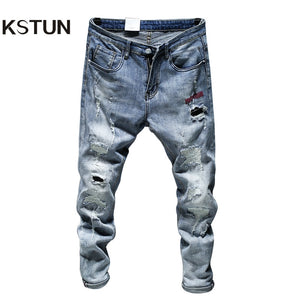 Ripped Jeans For Men Skinny Slim Fit Light Blue Spring 2021 New Frayed Streetwear Hip Hop Denim Pants Patchwork Men's Trousers