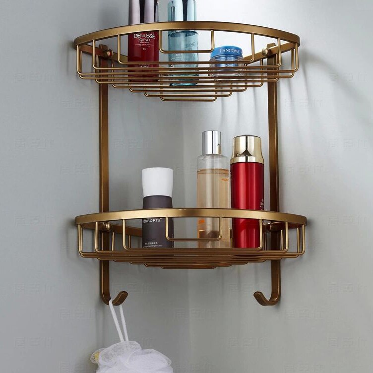 Bathroom Shelves 2 Layer Antique Metal Shower Corner Shelf Wall Mount Shampoo Storage Shelf Rack Bathroom Basket Holder MJ-7011