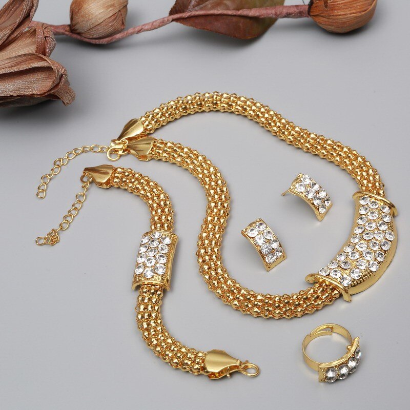 Amazing Price Wedding Gold Plate Jewelry Sets For Women Pendant Statement African Beads Crystal Necklace Earrings Bracelet Rings