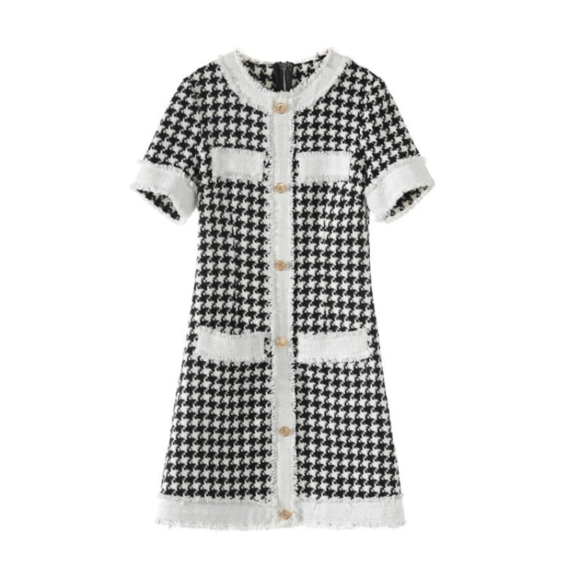 SMTHMA 2021 New Fashion Summer Dress Women Elegant Vintage Houndstooth Dresses Ladies Runway Jacquard Knitting Dress