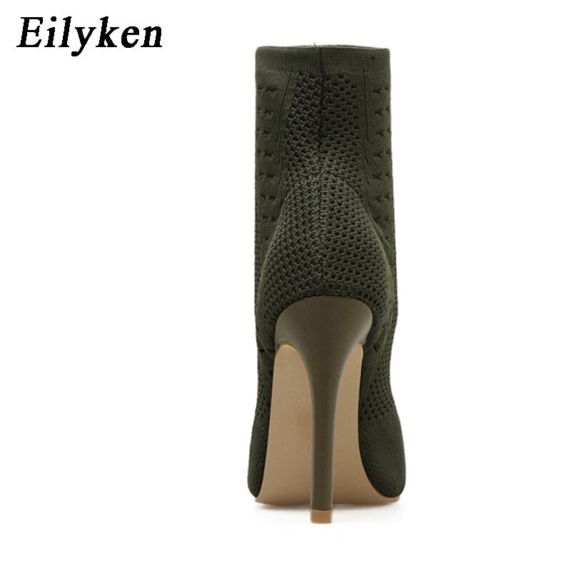 Eilyken Womens Boots Green Elastic Knit Sock Boots Ladies Open Toe High Heels Fashion Ankle Boots Women Pumps Size 35-42