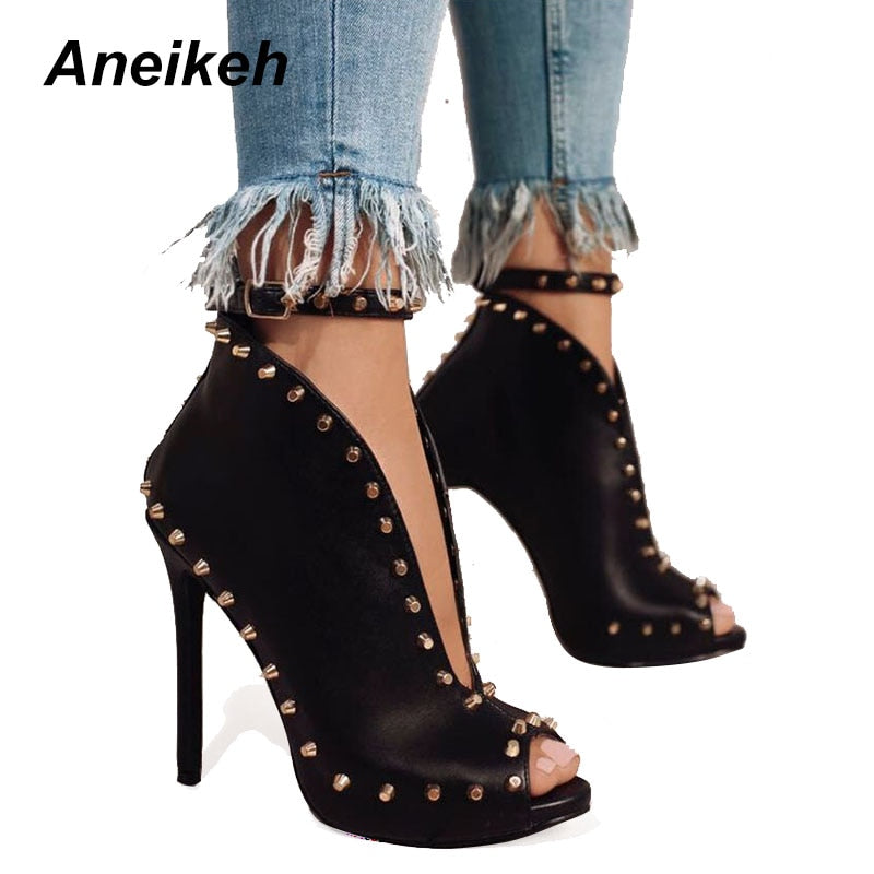 NEW Autumn Women Shoes 2021 Peep Toe Pumps High Heels Women's Shoes Ankle Boots Rivets Buckle Motorcycle Women's Pumps Aneikeh