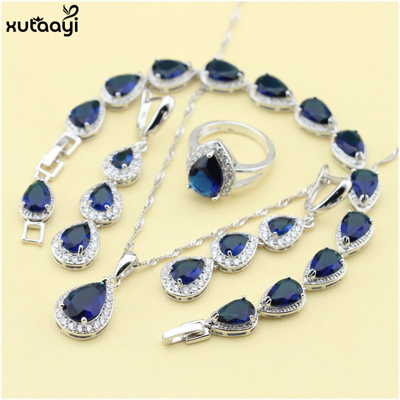 XUTAAYI Top Quality Silver Jewelry Sets Blue Created Sapphired Flawless Necklace/Rings/Earrings/Bracelet For women