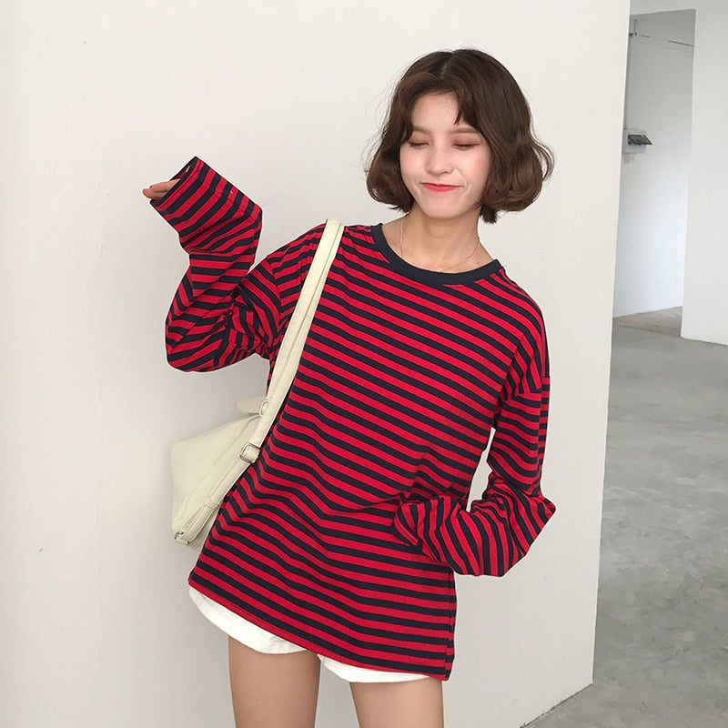 2021 New Vintage Fashion Basic Loose Casual Striped All Match Simple Long Sleeve Female T-shirts