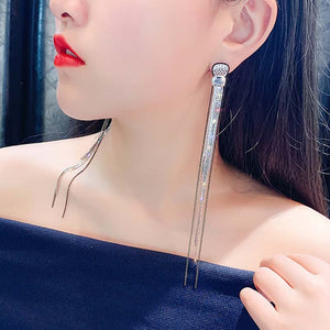 Real 925 Sterling Silver Needle Long Dangle Earrings for Women Jewelry Rhinestone Statement Female Drop Tassel Earrings