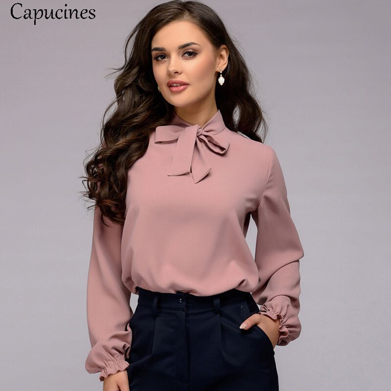 Women Fashion Bow Tie Chiffon Blouse Shirt 2020 Spring Autumn Elegant Office lady Blouses Long Sleeve Casual Shirts Solid Tops