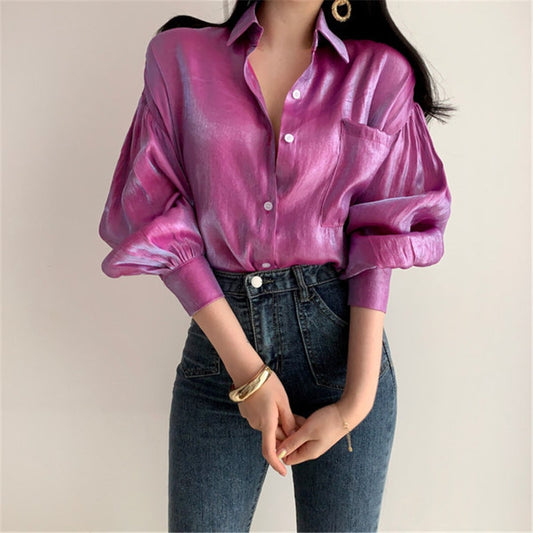 HziriP 2020 Summer Reflective Loose Vintage Fashion Solid Thin Tops Retro Free Elegant Women All Match Casual Shirts 2 Colors