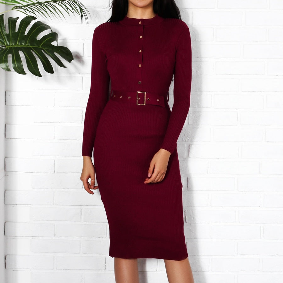 Women Midi Sweater Dress Autumn Winter 2021 New Fashion Button Long Sleeve Pencil Dress Knitted Women Bodycon Dress Black Red