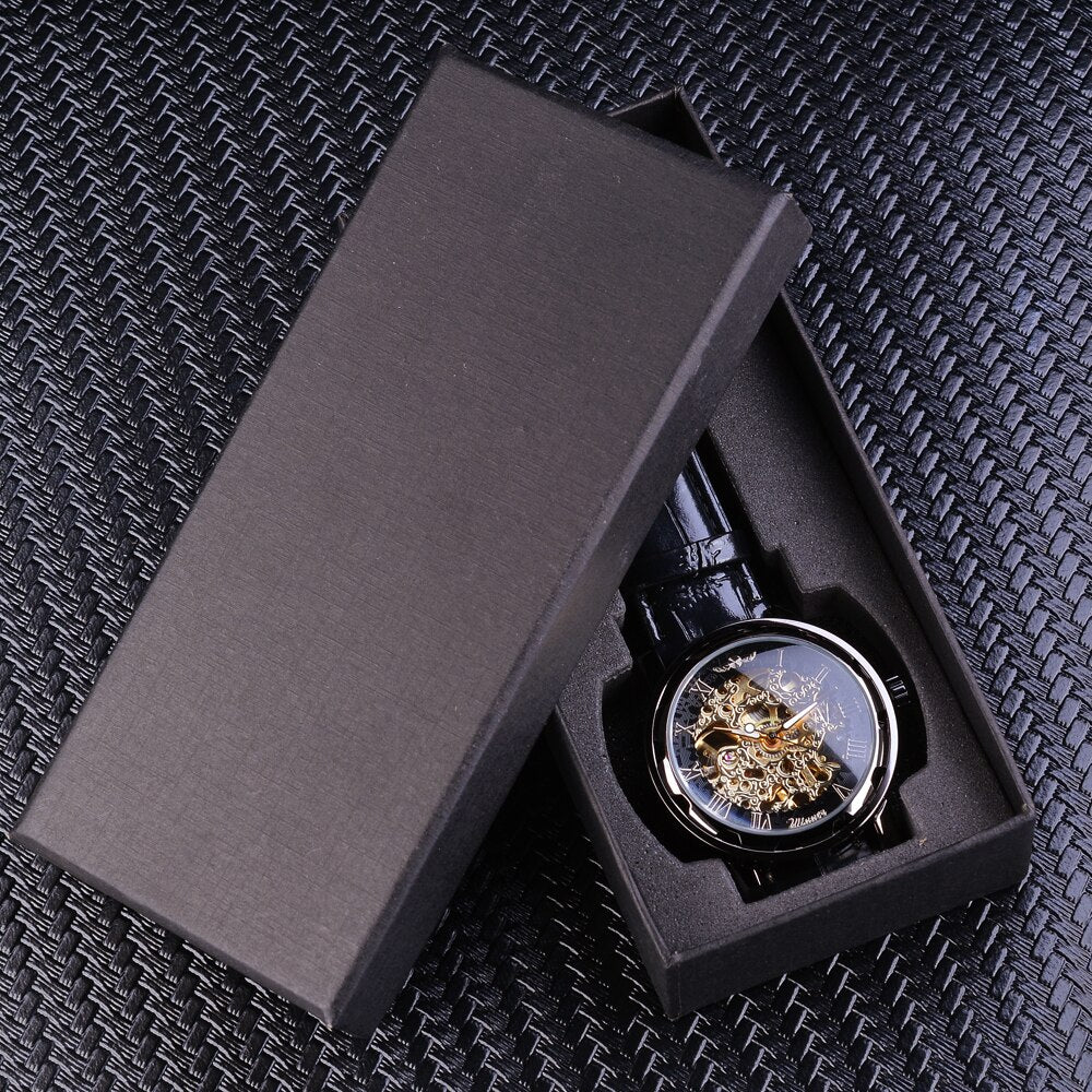 Winner Black Gold Male Clock Men Relogios Skeleton Mens Watches Top Brand Luxury Montre Leather Wristwatch Men Mechanical Watch