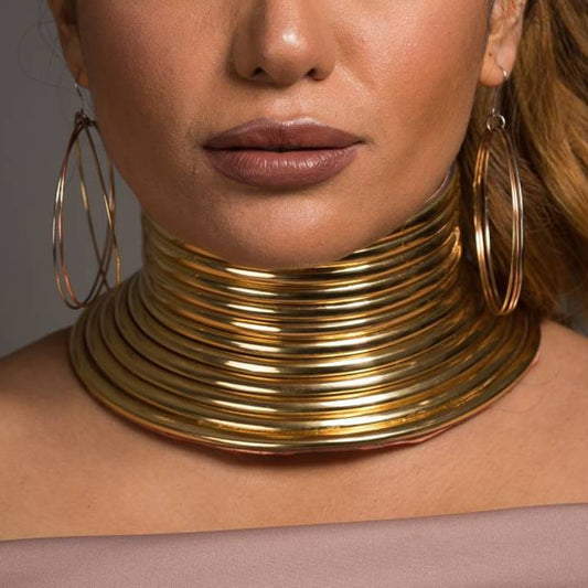 Vintage Statement Choker Necklace For Women African Jewelry Gold Color Leather Maxi Big Collar Necklace Adjusted UKNE