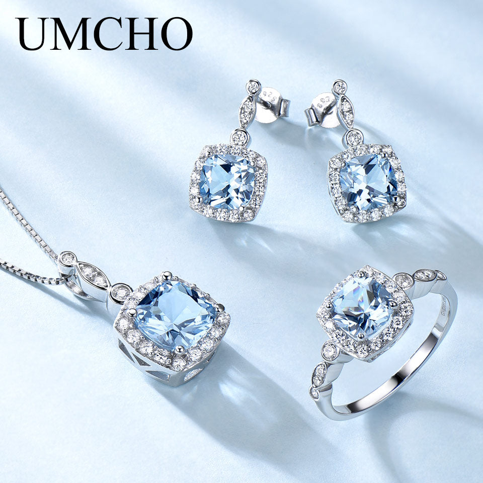 UMCHO 925 Sterling Silver Jewelry Set Sky Blue Topaz Ring Pendant Stud Earrings For Women Wedding Valentine's Gift Fine Jewelry