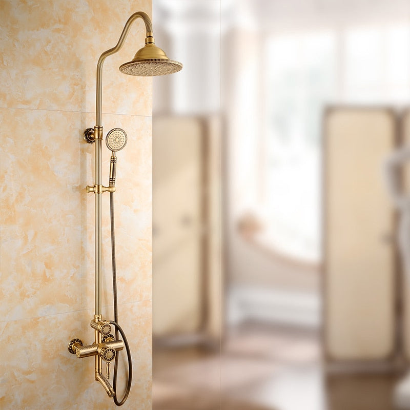 Shower Faucets Antique Bathroom Shower Set Bath Rain Shower Wall Mounted Hand Held Brass Shower Head Chuveiro Do Banheiro 9712