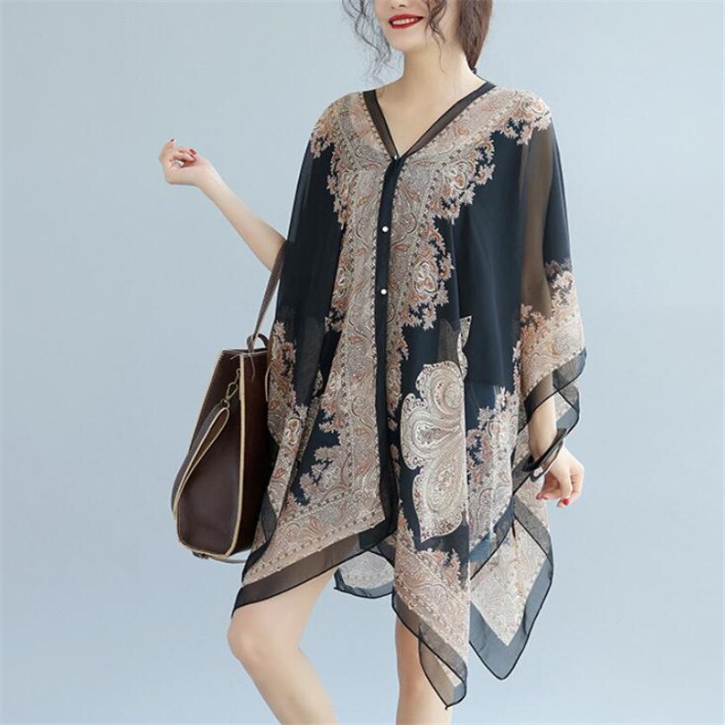 Boho Batwing Sleeve Chiffon Blouse Women Casual Floral Print Loose Kimono Shirts Big Size Beach Tunic Tops Peplum Blusa Robe